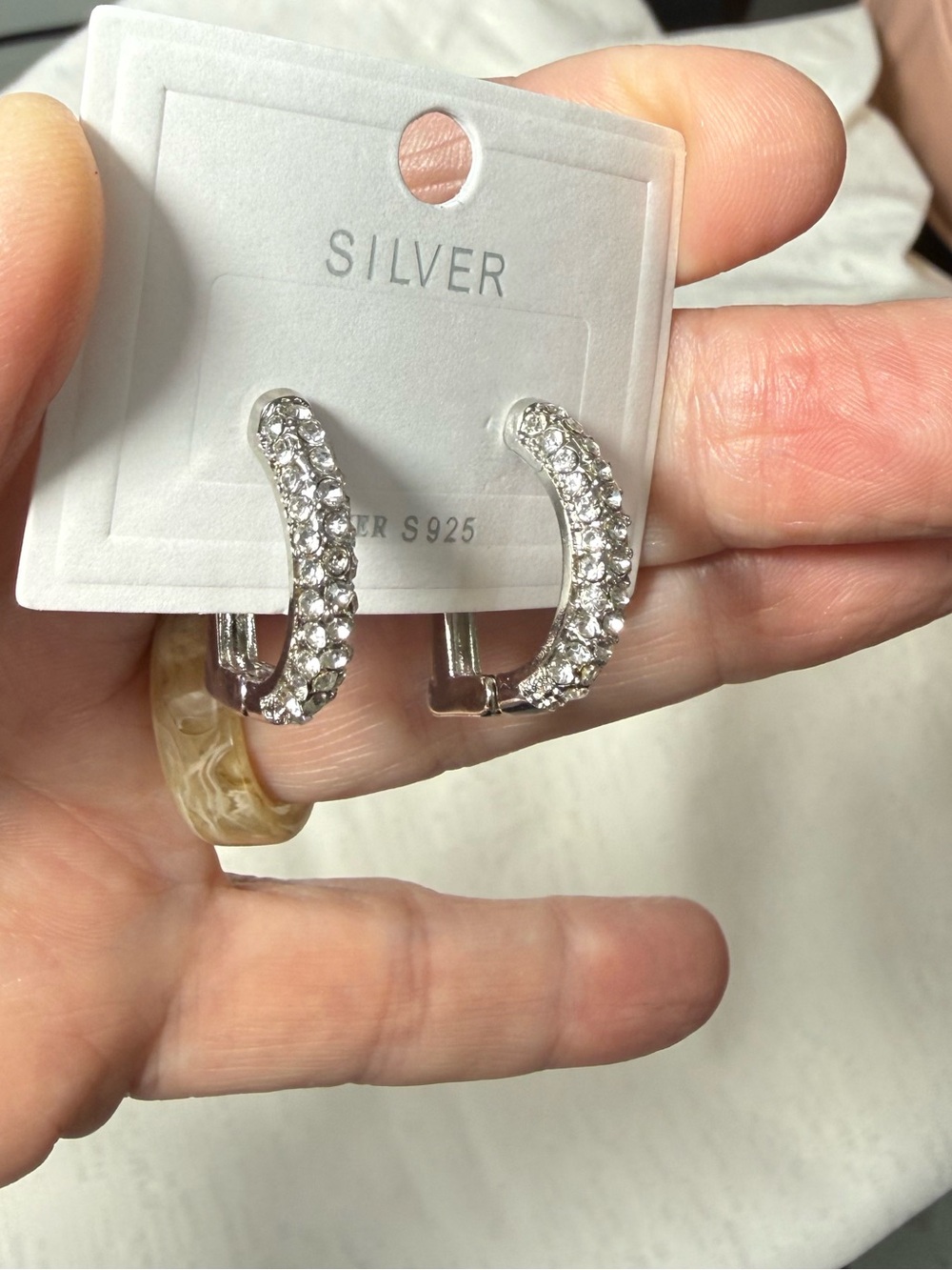 D hoop crystal encrusted .925 silver coated huggie earrings brand new